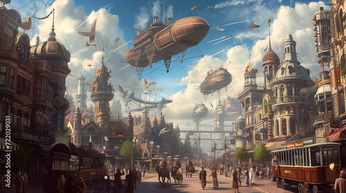 Immerse in a whimsical steampunk city boasting captivating Victorian architecture, where majestic airships grace the sky while the enchanting sound of steam fills the streets. photo