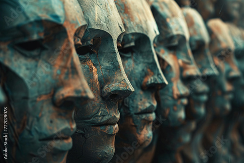 Dissociative personality disorder concept, multiple personalities, a row of face sculptures  photo