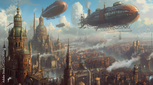 Enter a marvelously whimsical city adorned with enchanting Victorian architecture, where magnificent airships glide through the sky, propelled by the power of steam. photo