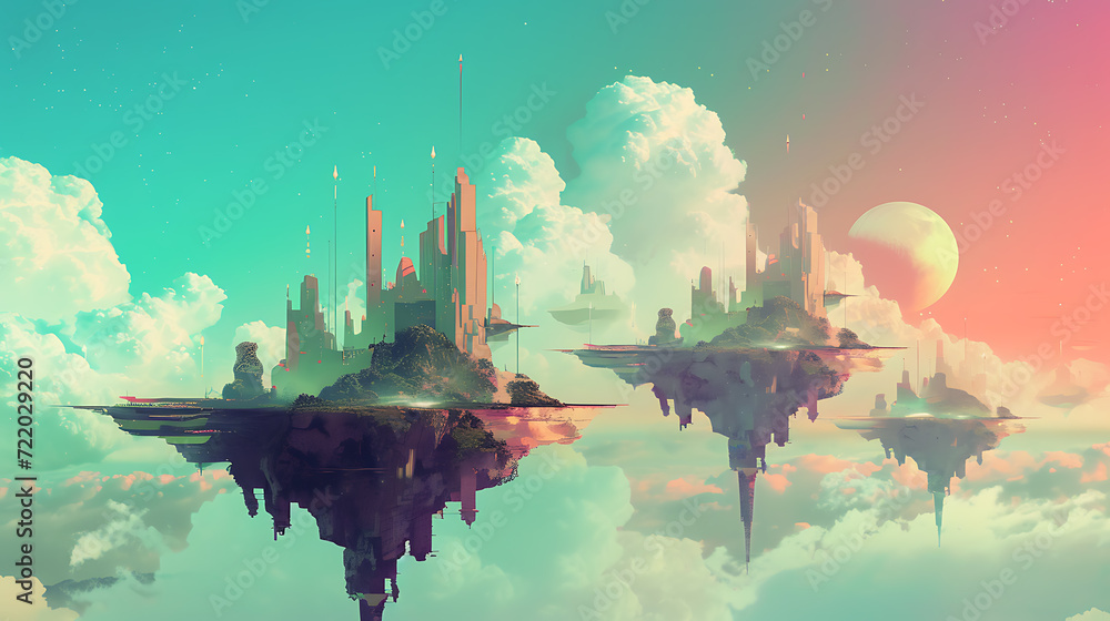 A whimsical dreamscape adorned with floating islands, ethereal pastel hues, and mind-bending structures.