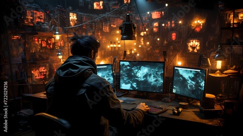 High-tech military command post coordinating operations in a war zone photo