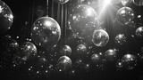 dreamy aesthetic; romantic; black aesthetic; club; black and white; photography; disco balls; black and white retro; retro grain texture; many disco balls; fun; party; lots of disco balls