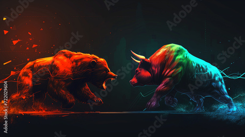 Furious huge bear and angry horned bull preparing for fight on the black background. Bull and bear stock market concept image. World of finances, business, stock exchanges and money.