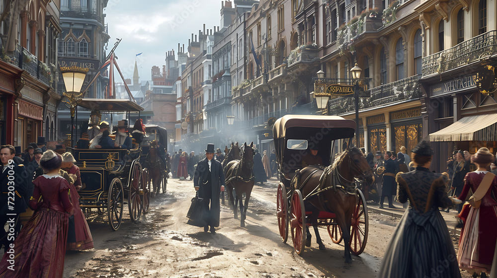 A bustling Victorian-era London street illuminated by glowing gas lamps, filled with elegant horse-drawn carriages and the sounds of bustling activity. - obrazy, fototapety, plakaty 