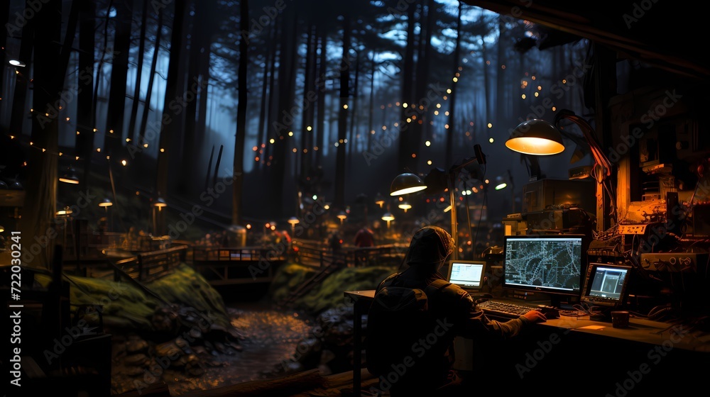 High-tech military command post coordinating operations in a war zone