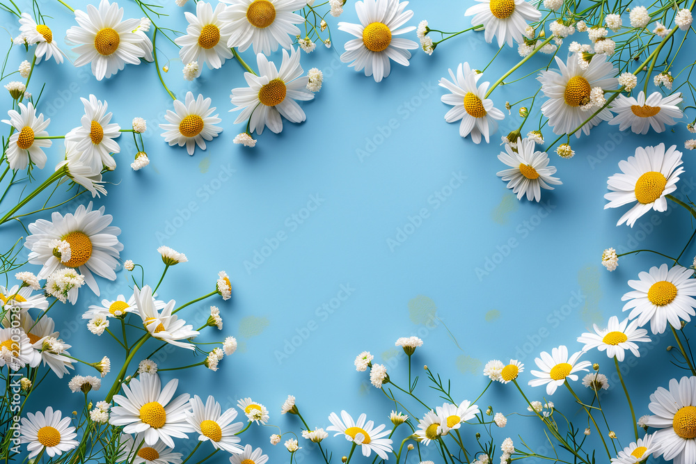 Daisy template. Flat lay spring and summer chamomile, frame from chamomile on a blue background Daisy template. Flat lay spring and summer chamomile, frame from chamomile on a blue background