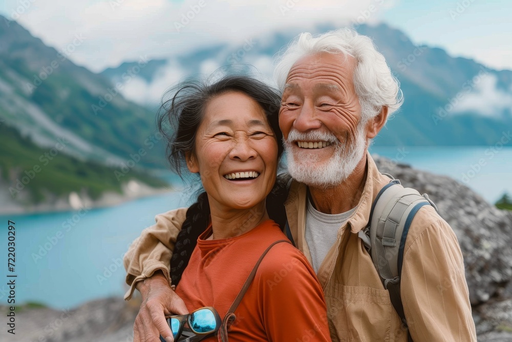 A joyful couple captures a moment of adventure and love amidst nature's stunning backdrop of mountains, sky, and water