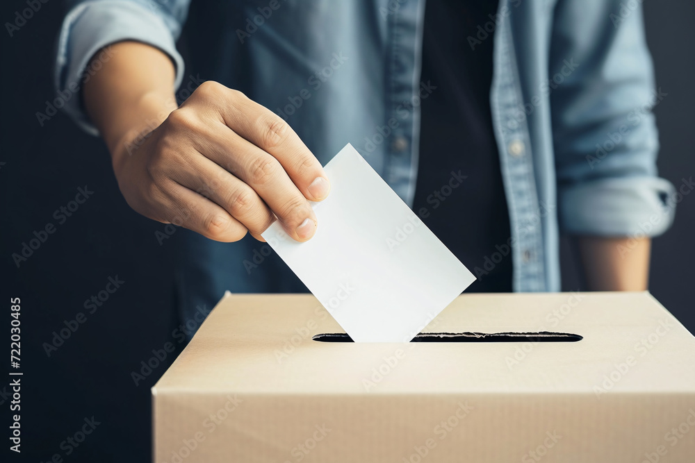 Voting at an election, a person puts a ballot into the ballot box Voting at an election, a person puts a ballot into the ballot box