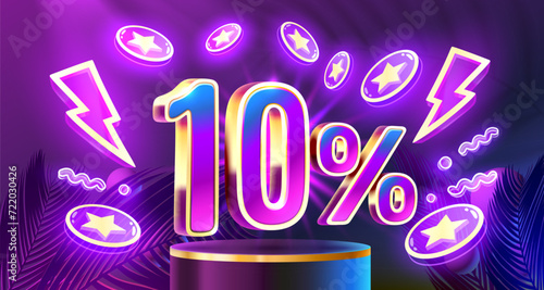Mega sale special offer, Neon 10 off sale banner. Sign board promotion. Vector illustration