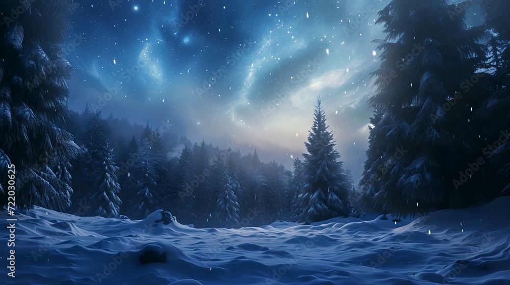 Snowy forest with fir trees and starry sky in the background