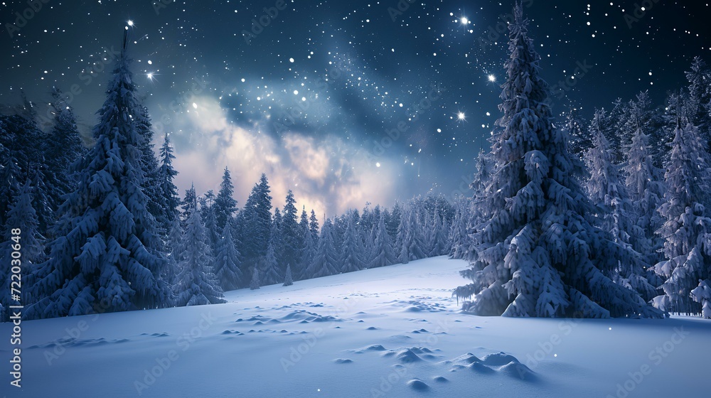 Fantastic winter landscape with snow covered trees and starry sky