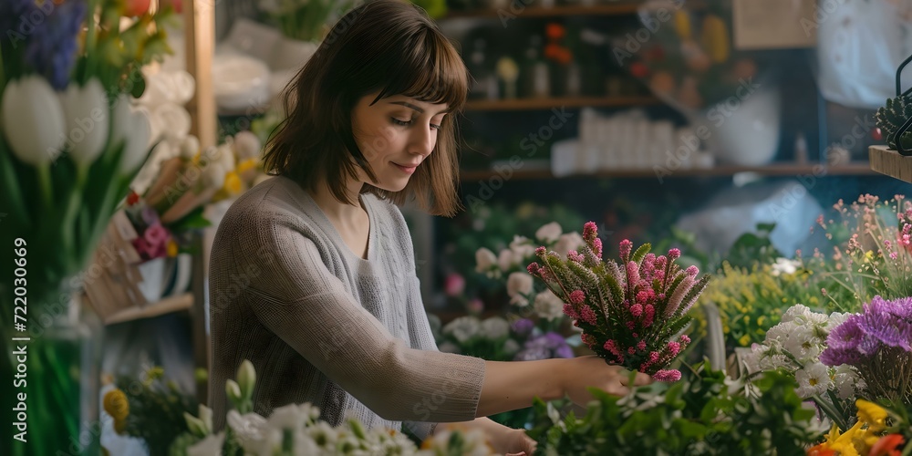 Florist arranging colorful bouquets in a cozy flower shop. woman enjoying her work among fresh flowers. artistic and natural style. ideal for various designs and displays. AI