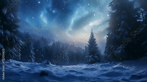 Snowy forest with fir trees and starry sky in the background © Robina