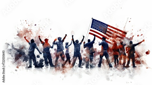 Illustration AI horizontal people celebrating labor day. USA flag. White background. Social problems