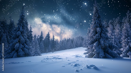Fantastic winter landscape with snow covered trees and starry sky