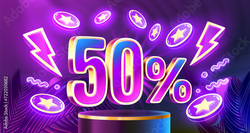 Mega sale special offer, Neon 50 off sale banner. Sign board promotion. Vector illustration