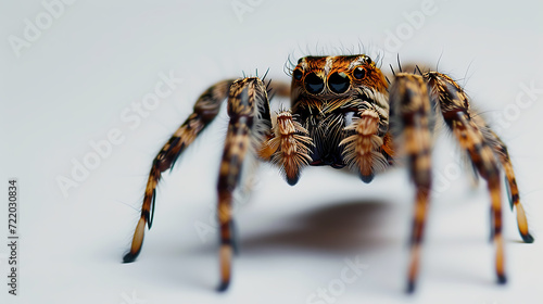 A captivating eye-level shot capturing the intricate details of a spider. The packshot showcases a sharp focus and a shallow depth of field. Shot on a 120mm lens.