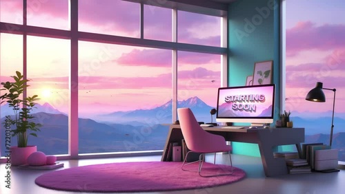 stream starting soon screen. loop animation. background, overlay. Cozy lo-fi living room, sunrise scenery. vtuber streamer asset. Anime chill hip hop manga style. Cyan purple colours.