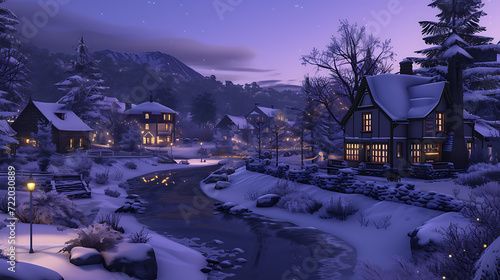 A picturesque winter wonderland with charming cottages nestled under a snowy white blanket  and a crystalline frozen river flowing through the heart of a quaint European village.