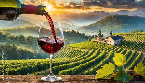 Wine glass with pouring white wine and vineyard landscape in sunny day. Winemaking concept, copy space photo