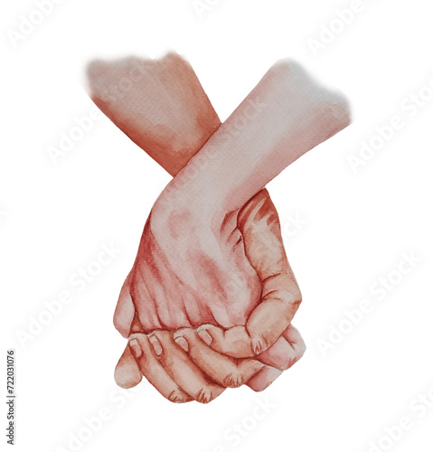 Watercolor couple holding hands with interlocked, intertwined fingers together illustration. Couple relationship gesture.
