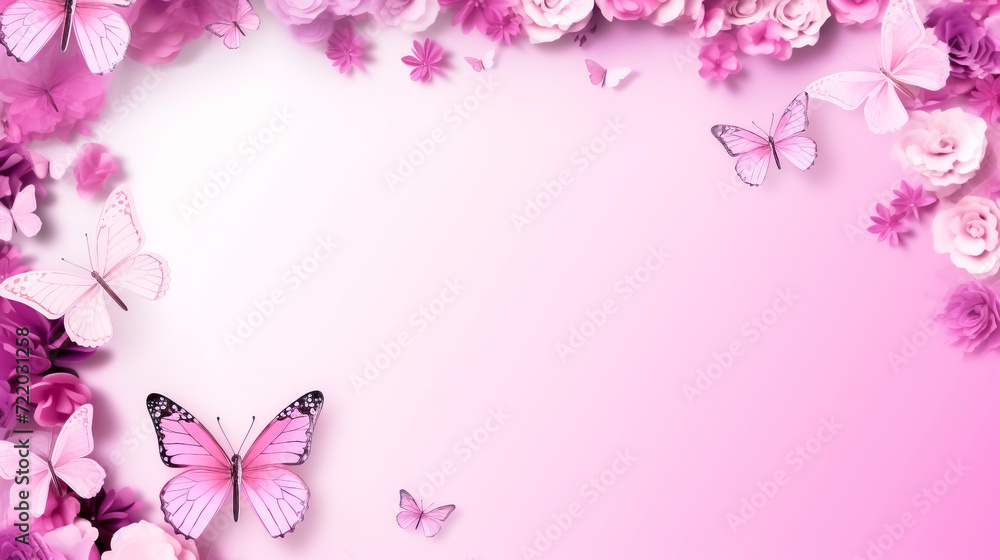 Banner with frame with pink flowers, butterflies, space for text on light background top view. Greeting card with flowers for Women's Day, Valentine's Day, birthday, birth of children, wedding