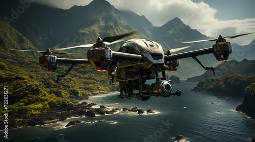 High-tech military drone conducting a surveillance mission in a coastal region