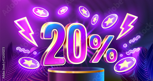 Mega sale special offer, Neon 20 off sale banner. Sign board promotion. Vector illustration