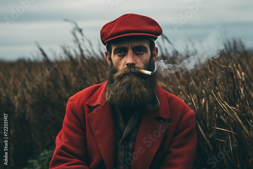 A man wearing a red clothing smoke a pipe. Generative AI
