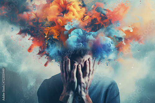 Stress concept, a frustrated person with colorful smoke coming out of his head