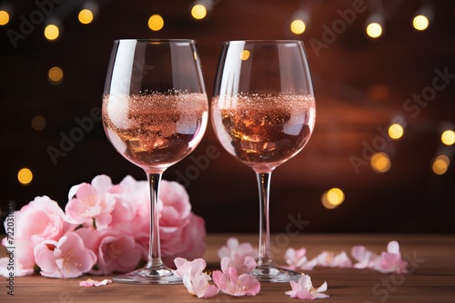 Valentine s celebration with champagne glasses, confetti, pink backgroundcopy space for text design. photo