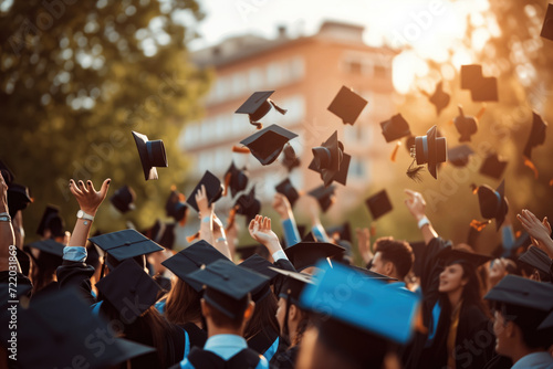 Graduates near university are throwing up hats in the air