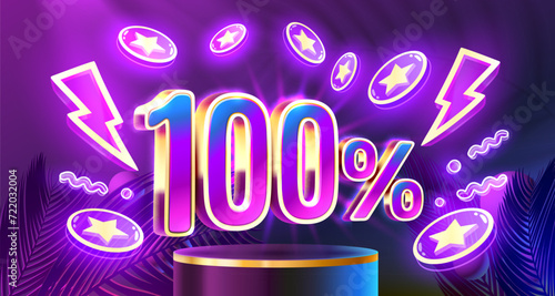 Mega sale special offer, Neon 100 off sale banner. Sign board promotion. Vector illustration