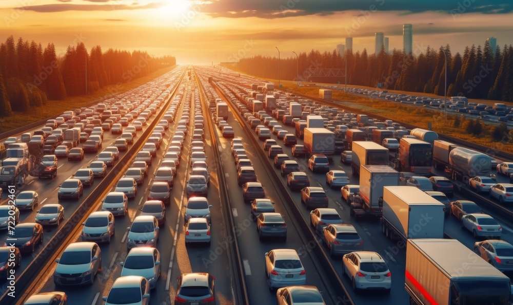 Fototapeta premium many cars are stuck in a traffic jam on a multi-lane highway at sunset