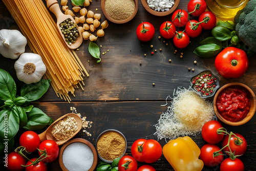 Frame from Ingredients for healthy foods selection on a dark wood background