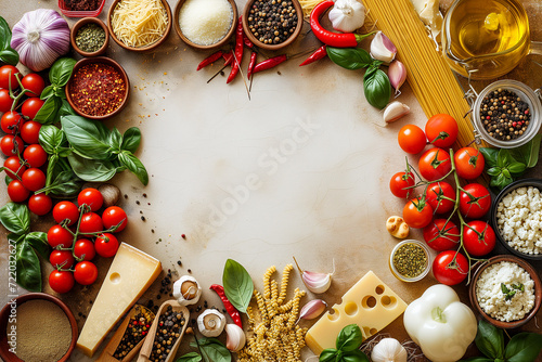 Frame from italian Ingredients for healthy foods selection on a beige background