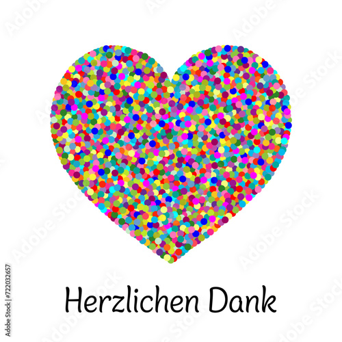 Herzlichen Dank - Schriftzug in deutscher Sprache. Dankeskarte mit einem Herz aus bunten Konfetti.