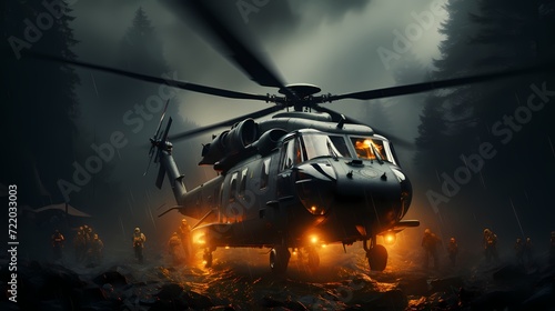 High-tech military helicopter airlifting a special forces team into a covert mission