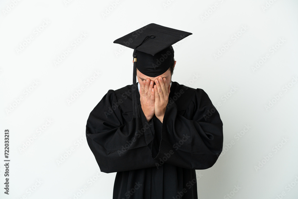 Young university Russian graduate isolated on white background with tired and sick expression Young university Russian graduate isolated on white background with tired and sick expression