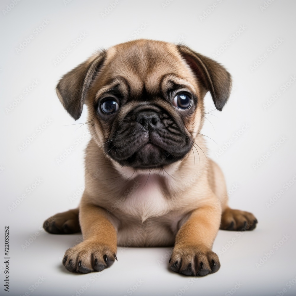 small cute pug puppy on a white background