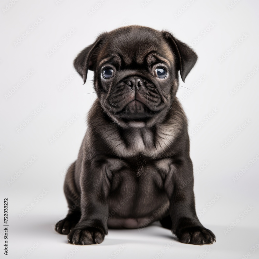 small and touching pug puppy on a white background