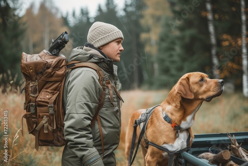 A lone adventurer  accompanied by his trusty brown hunting dog  sets off on a journey through the rugged wilderness  their backpack and loyal companion always by their side