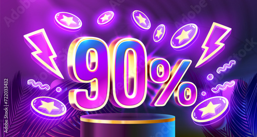 Mega sale special offer, Neon 90 off sale banner. Sign board promotion. Vector illustration