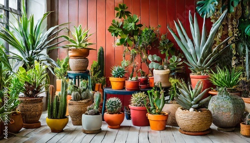 pots on the windowsill.a home garden interior filled with an eclectic mix of beautiful plants, such as cacti, succulents, and air plants, each housed in uniquely designed pots. Integrate a vibrant red