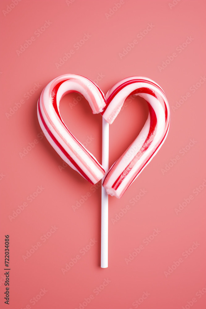 a heart-shaped Christmas candy cane on a soft rose-colored background, minimalist сreated with Generative Ai
