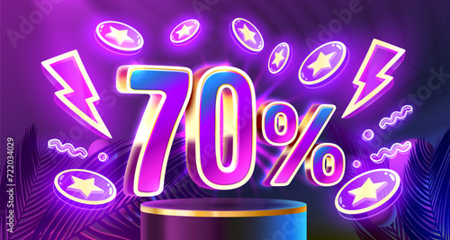Mega sale special offer, Neon 70 off sale banner. Sign board promotion. Vector illustration