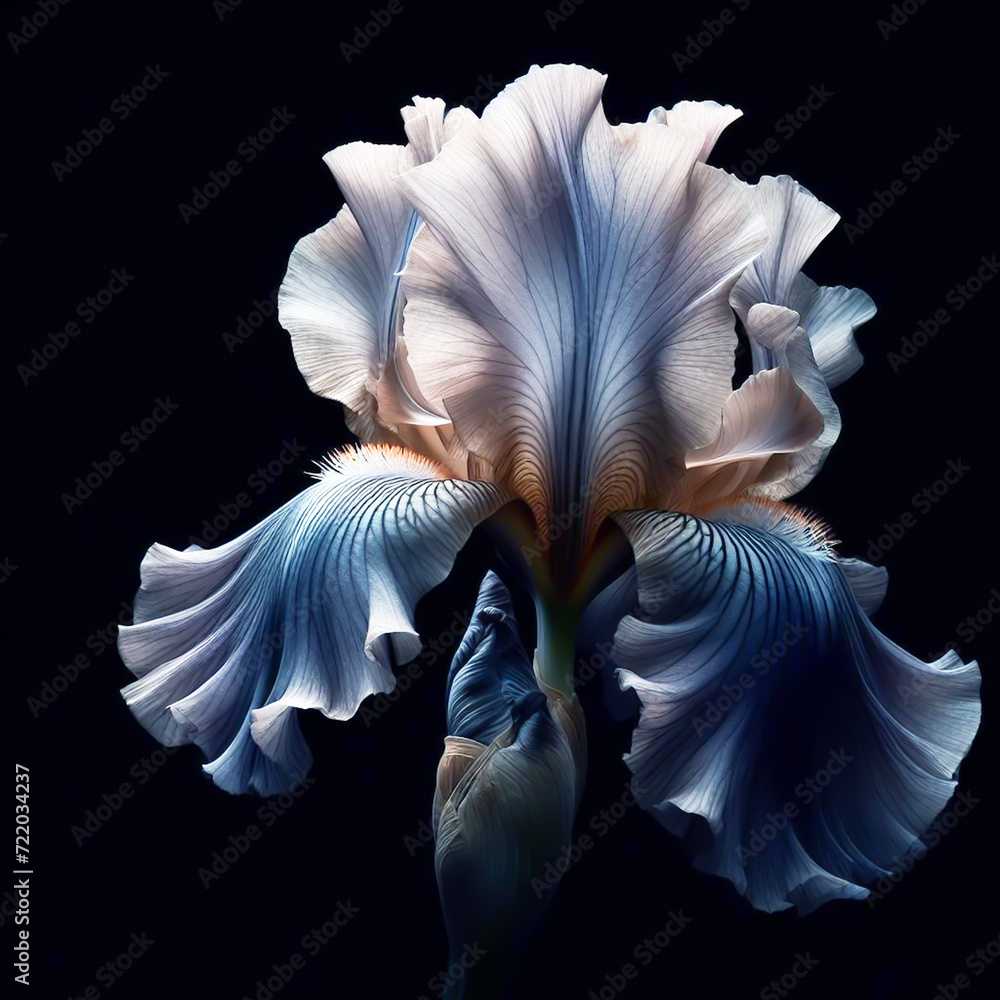 Blue iris isolated on black background. Flowers and plants in spring. AI generated