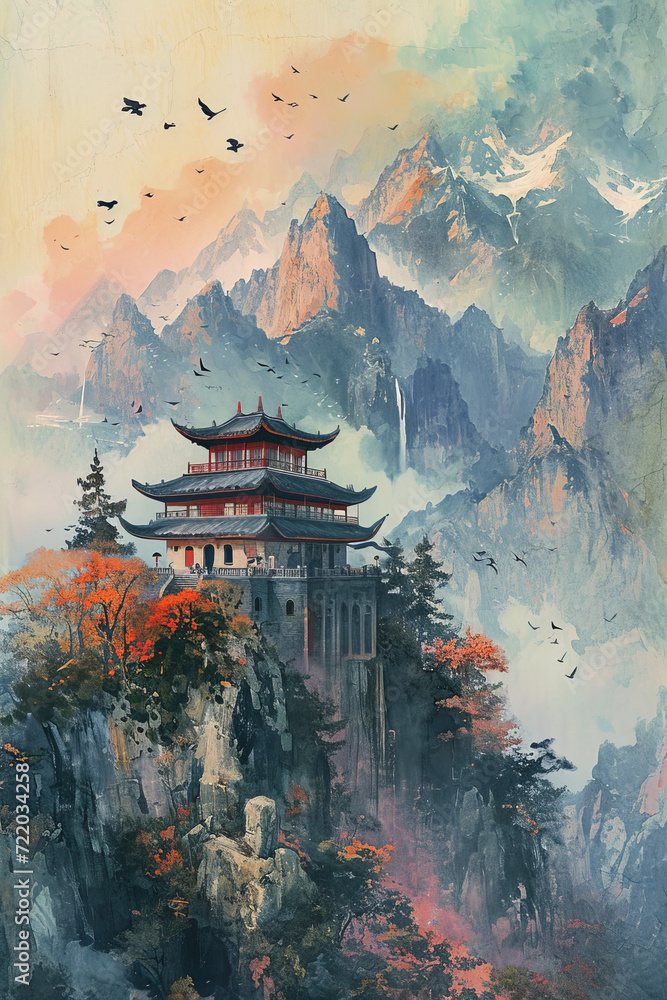 Obraz premium Painting of an asian castle and birds on the top.