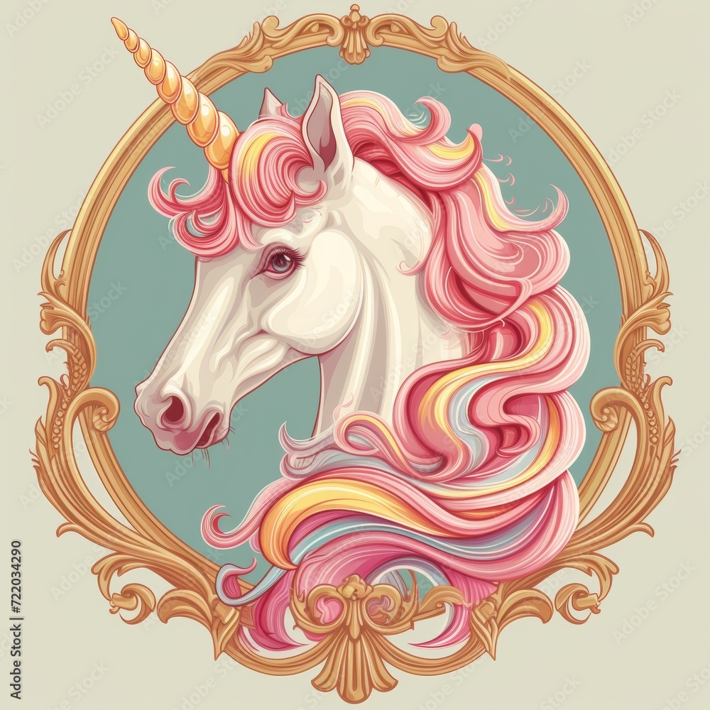 Elegant Unicorn Illustration Crest with Swirled Rainbow Mane Elegant Unicorn Illustration Crest with Swirled Rainbow Mane