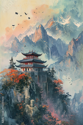 Painting of an asian castle and birds on the top.